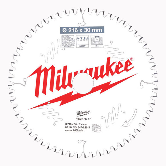 Milwaukee Power Tools, Milwaukee PTFE Coated Circular Saw Blade 216 mm x 60 Teeth