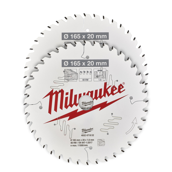 Milwaukee Power Tools, Milwaukee PTFE Coated Circular Saw Blade Twin Pack 165 x 20Ømm 40/40 Teeth