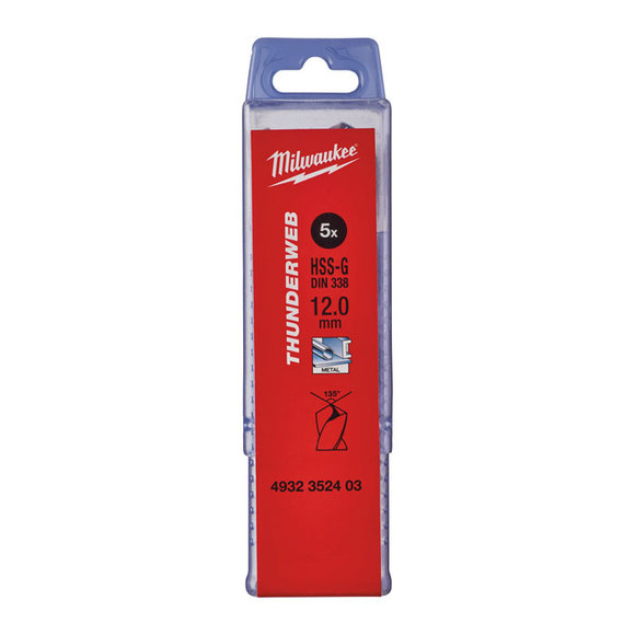 Milwaukee Power Tools, Milwaukee THUNDERWEB 12.0 mm HSS Ground Metal Drill Bits - 5 Pack