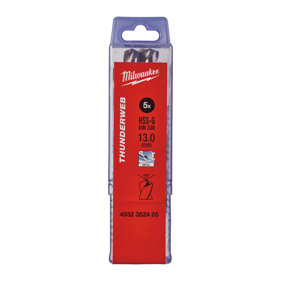 Milwaukee Power Tools, Milwaukee THUNDERWEB 13.0 mm HSS Ground Metal Drill Bits - 5 Pack