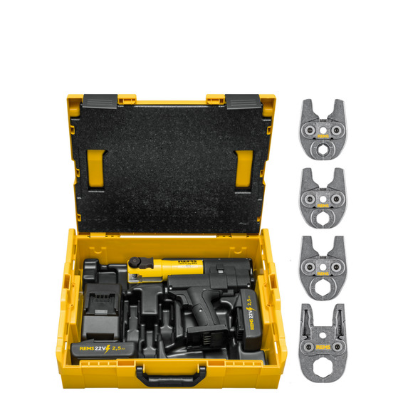 Rems 22v ACC Mini Press Set M M15,M22,M28,M35 Jaws & 2 x 22v Batteries LBoxx