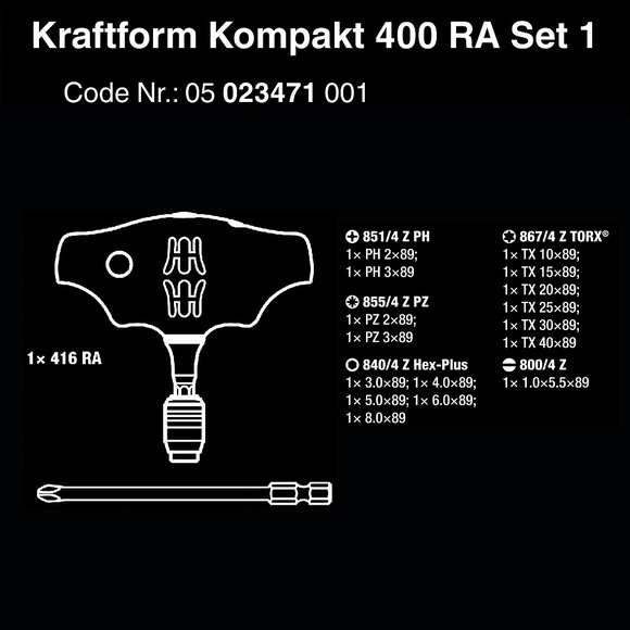 Wera Kraftform Kompakt 400 T-Handle Screwdriver Set - 17 Piece, Bits & Case, 05057470001